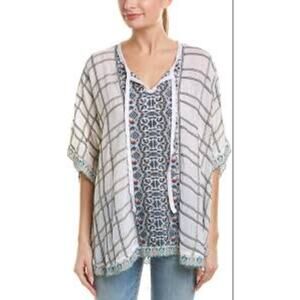 Johnny Was Cherpas Embroidered Tunic Poncho White Green Size XS EUC